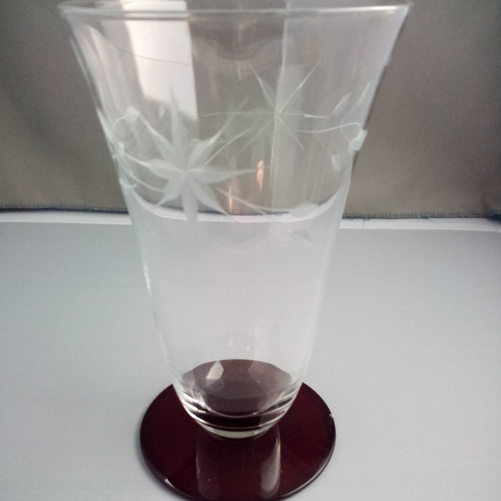 Vintage Art Deco etched glass vase red base